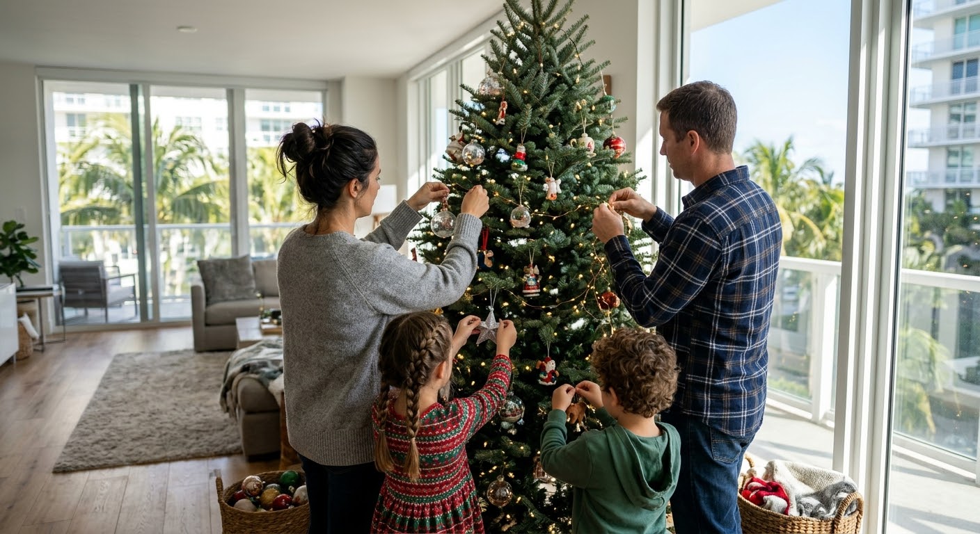 A family decorating a Fraser Fir Christmas tree in a bright Miami living room