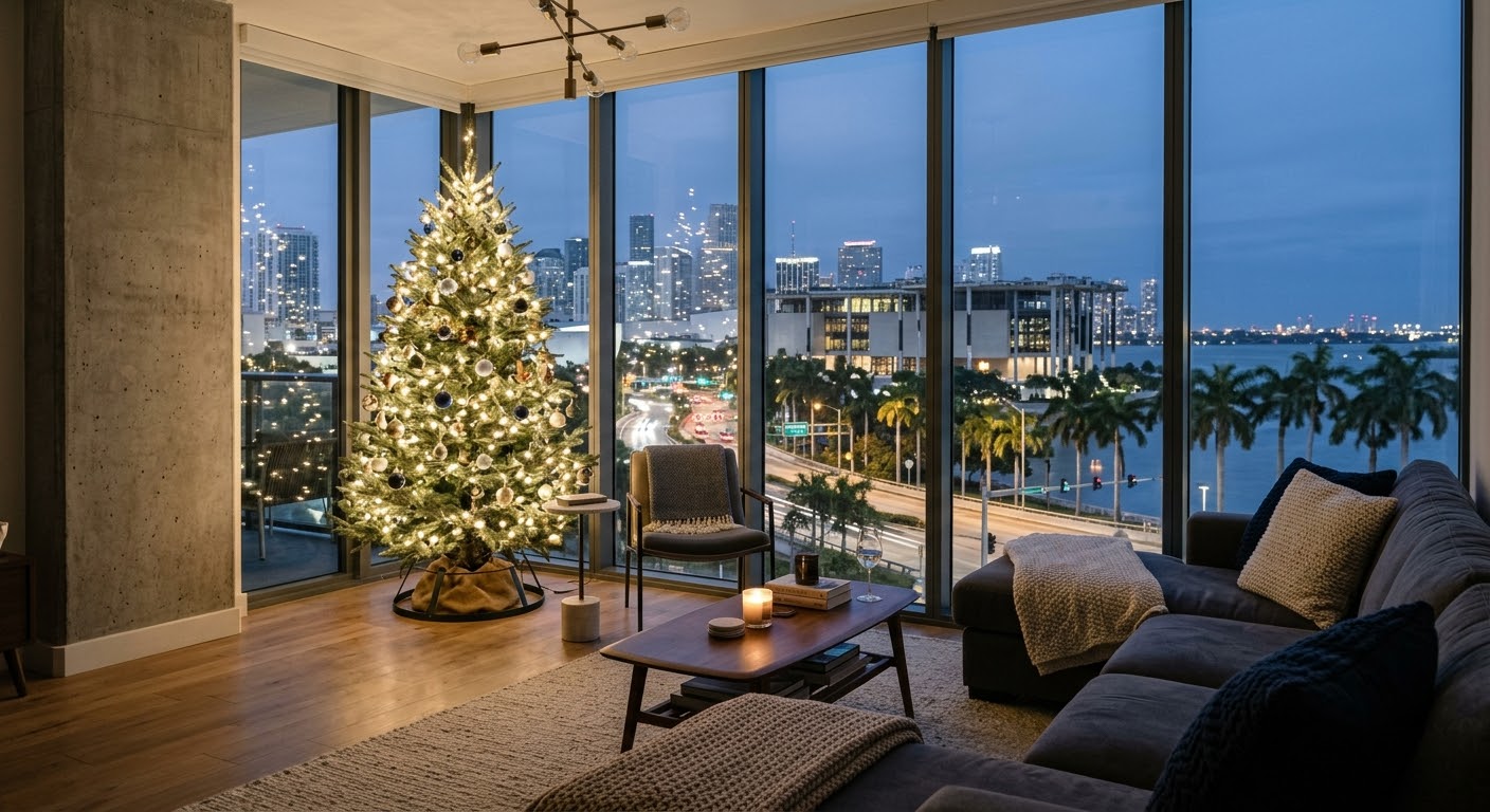 A lit Fraser Fir Christmas tree in a Miami high-rise living room with city and bay views at dusk