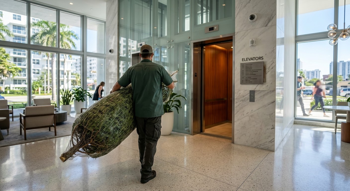 Delivery worker carrying a netted Christmas tree through a condo lobby toward the elevators