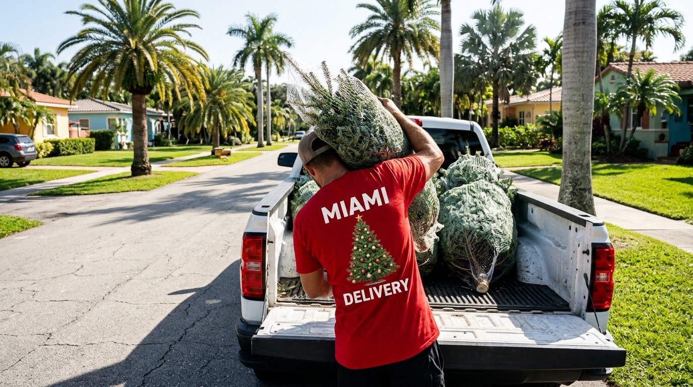 Delivery worker in a red shirt loading netted Fraser Firs into a pickup truck on a palm-lined street